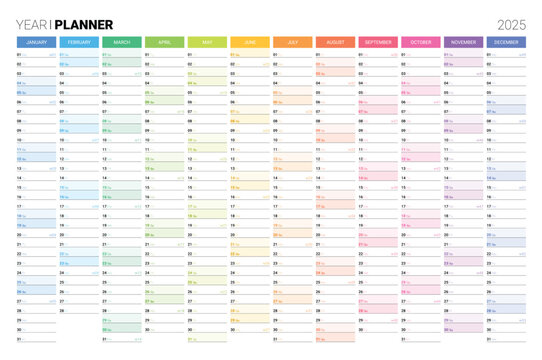2025 year annual planner with space for personal notes. Colorful schedule page journal, stationery calendar, organizer, planner template with monthly and daily agenda vector illustration