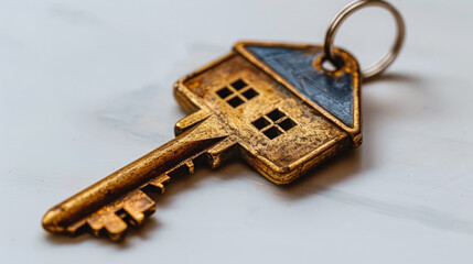 Real Estate Concept Golden Key with Blue and Gold House Figure Macro