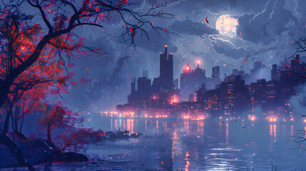 Futuristic City Skyline at Night, Urban Lights Reflecting on Water, Fantasy Metropolis Panorama