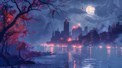 Poster Futuristic City Skyline at Night, Urban Lights Reflecting on Water, Fantasy Metropolis Panorama © Taslima