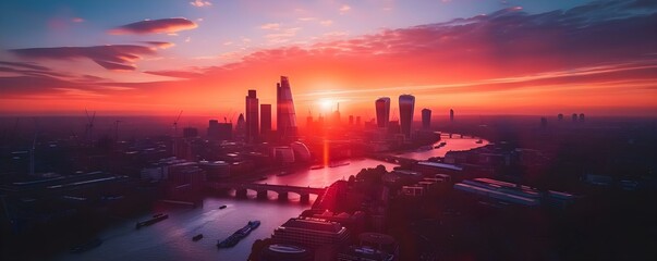 Drone captures stunning sunrise over Londons financial district showcasing iconic skyline. Concept Sunrise Photography, Drone Footage, Financial District, London Skyline, Iconic Landmarks - obrazy, fototapety, plakaty