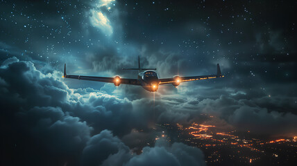 Aircraft Gliding Through a Starry Night Sky
. A small airplane flies amidst the stars, its lights illuminating the dark clouds, capturing the sense of adventure in the night skies.
