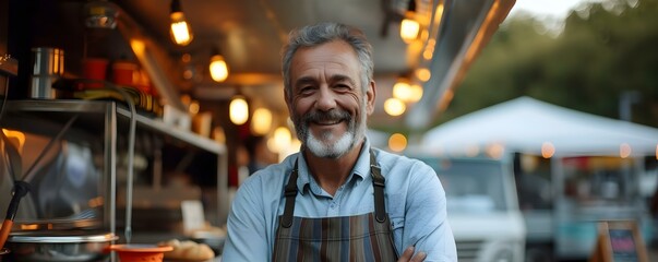 Smiling middle aged man stands proudly by his food truck a small business success. Concept Small Business Success, Food Truck Owner, Middle-Aged Man, Proud Moment, Outdoor Photoshoot - obrazy, fototapety, plakaty