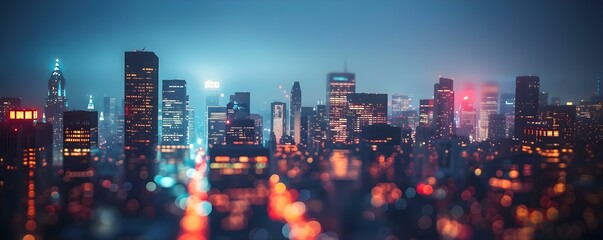 Nighttime urban skyline with blurred lights creating a bokeh effect. Concept Cityscape Photography, Bokeh Effect, Urban Nightlife, Blurred Lights, Skyline Silhouettes - obrazy, fototapety, plakaty
