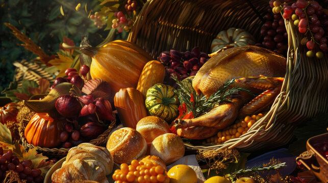 A Bountiful Cornucopia Overflows With Delicious Treats From Golden Roasted Vegetables To Crispyskinned Turkey While Warm Dinner Rolls Wait To Be Slathered With Butter.