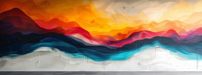 Dynamic abstract mural with swirling patterns in warm and cool hues, installed in a subway station.