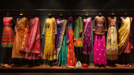 A display of traditional Indian outfits including vibrant sarees kurtapajamas and dhotis all worn by families as they celebrate the joyous occasion of Diwali.