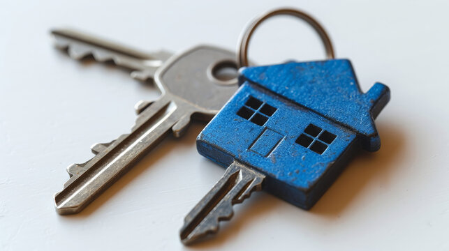 Decorative House-Shaped Keychain Attached to Metal Key Close-up