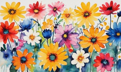 vibrant display of assorted flowers illustrated in watercolor.