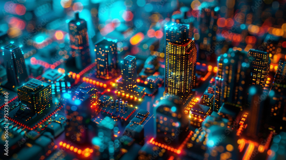Poster an evening view of a futuristic city where the buildings are lit up by colorful lights that change a