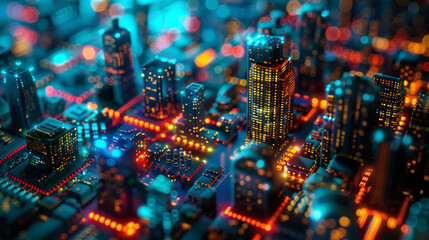 Obraz premium An evening view of a futuristic city where the buildings are lit up by colorful lights that change and flicker in patterns. This is thanks to the automated systems within