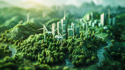 3D detailed energy transition in a green economy representing the future of World Economic development