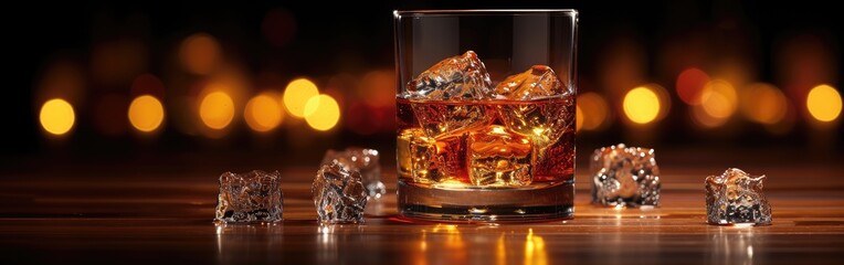 A single glass of whiskey with ice, highlighted against a dark background with space for text.