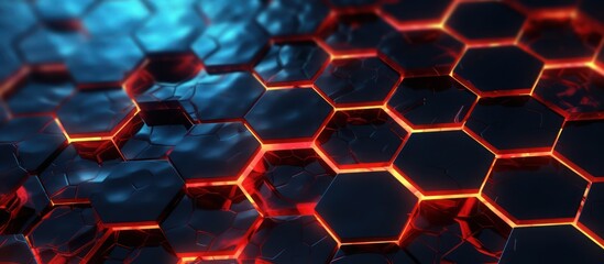 3d abstract digital technology hexagonal pattern background illustration with blue and red neon lights shining from inside - obrazy, fototapety, plakaty