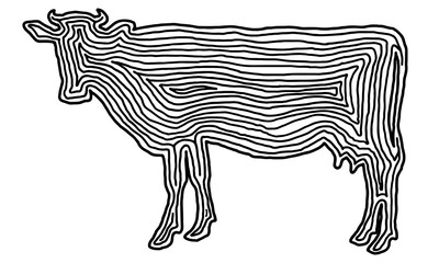 A series of animals in hand drawn fingerprint style. A cow in black outline on transparent background. Drawing of animal for coloring book, logo or background design.