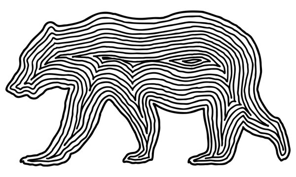 A series of animals in hand drawn fingerprint style. A bear in black outline on transparent background. Drawing of animal for coloring book, logo or background design.