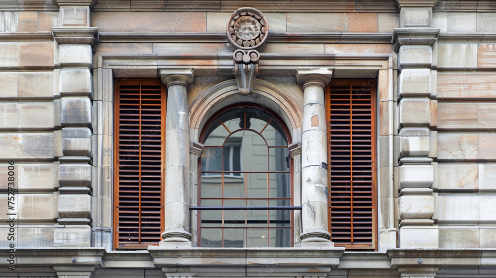 Poster a small circular window with a scalloped frame nestled above a larger rectangular window with thick 