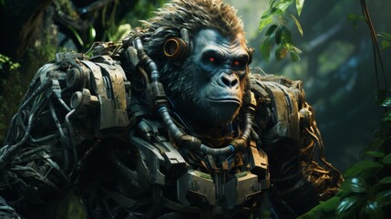 Bionic gorilla with hydraulic arms, in a digitally reconstructed jungle