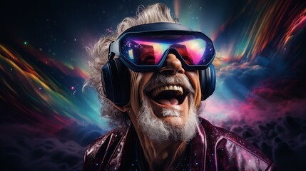 Happy senior man using a VR headset, exploring new worlds