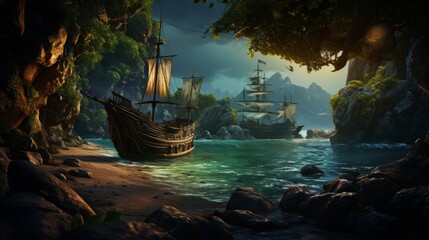 Pirate cove with hidden treasures and a secretive atmosphere