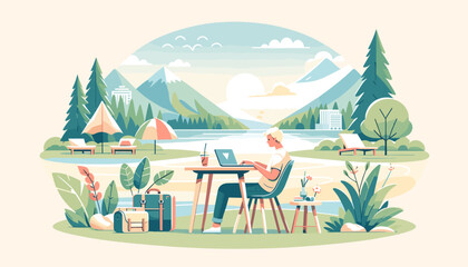 Concept of a digital nomad working in different attractive outdoor environments. Vector illustration.