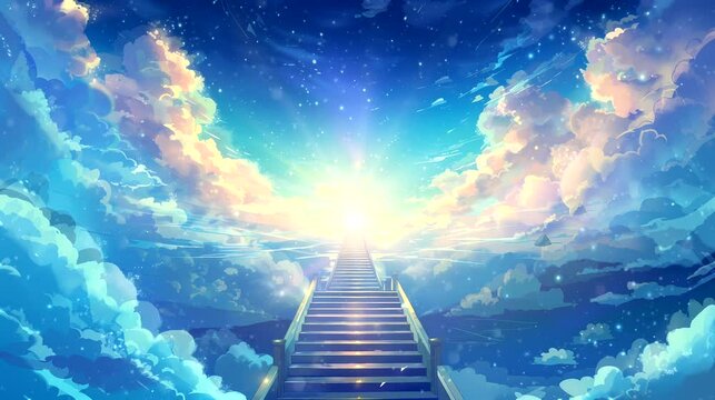 Majestic celestial staircase that lead to the heaven. Fantasy landscape anime or cartoon style, looping 4k video animation background