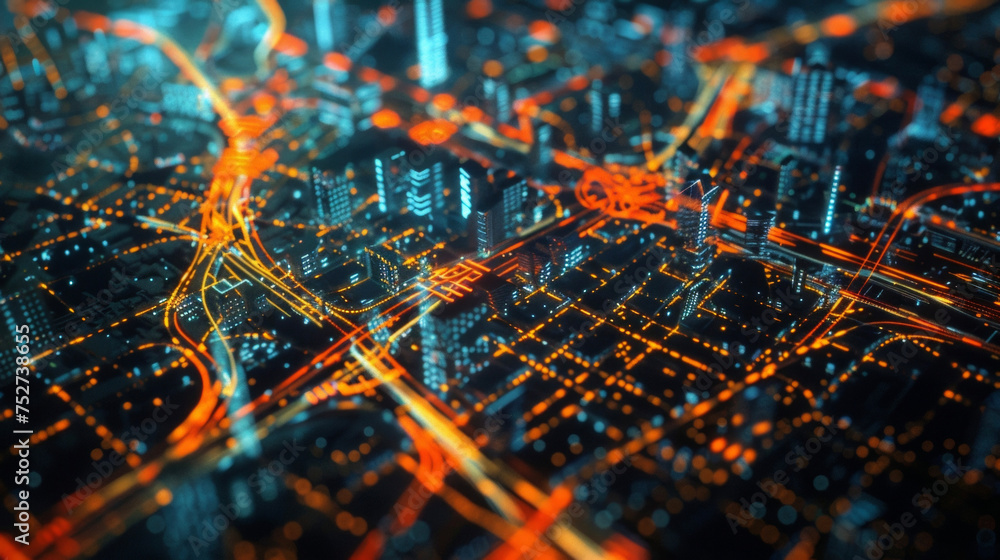 Poster a digital map of the city overlaid with realtime data from various sources such as traffic patterns 
