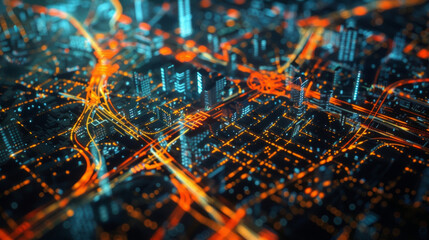 A digital map of the city overlaid with realtime data from various sources such as traffic patterns weather conditions and social media feeds showing the power of Big Data