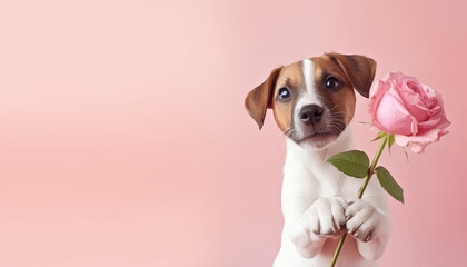 A dog is holding a rose in its mouth