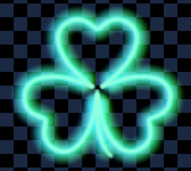 Neon glowing clover leaf or shamrock for St Patricks Day celebration, isolated on transparent background