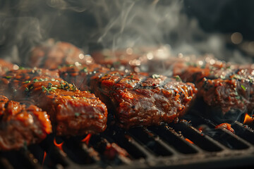 Juicy cuts of meat sizzle on the hot grill, releasing flavorful smoke as they cook to perfection