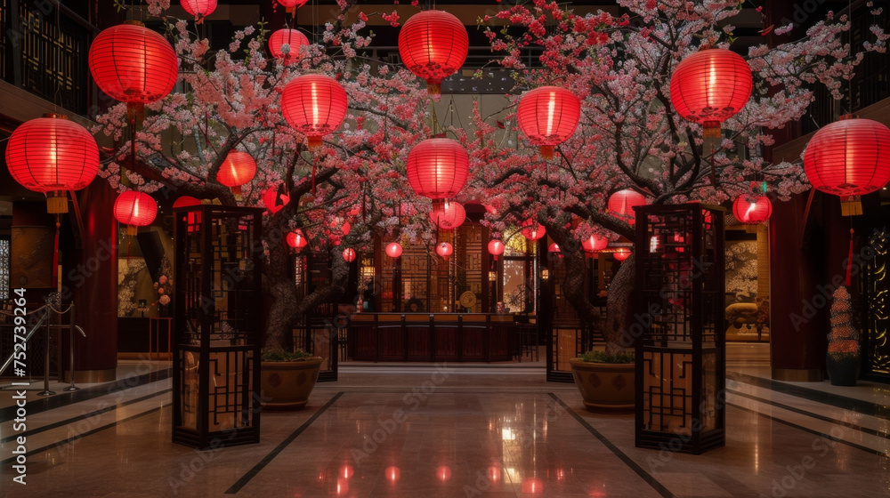 Poster delicate cherry blossom trees are decorated with red lanterns and streamers adding a touch of elegan