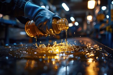 Efficient Oil Change. With precision and confidence, the mechanic performs an oil change, ensuring that the process is carried out swiftly and that the vehicle's engine will continue running smoothly - obrazy, fototapety, plakaty