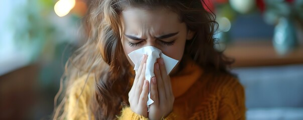 Young woman at home sneezing and clearing her nose with tissue. Concept Allergic reaction, Home remedies, Sneezing, Tissue use, Health Maintenance - obrazy, fototapety, plakaty