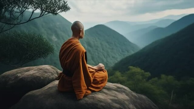 Animation of a bald Buddhist monk sitting in lotus pose and medicine on a mountain against the backdrop of dawn wearing an orange cape