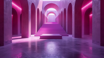 Futuristic corridor with purple neon lights. 3D rendering. - obrazy, fototapety, plakaty