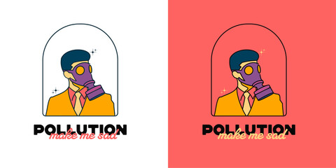 pollution make me sad. vector illustration of a businessman wearing a gas mask and a politician. A design for printing on t-shirts and apparelon, on label emblem