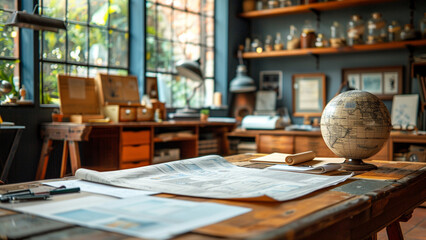 Interior of a coffee shop with a globe, books and a map - obrazy, fototapety, plakaty