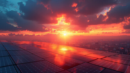 Aerial photo of new energy solar photovoltaic panels outdoors at sunrise.