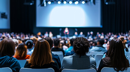 Image from behind of an audience member watching a person giving a speech on stage in a large venue. - obrazy, fototapety, plakaty
