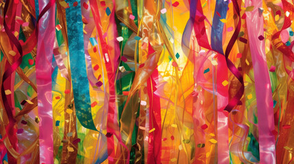 Fototapeta premium Layers of vibrant streamers and whimsical decorations adorn the abstract backgrounds capturing the festive spirit and whimsy of Carnival celebrations.