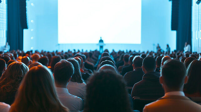 Image from behind of an audience member watching a person giving a speech on stage in a large venue.
