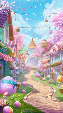 Enchanted Easter Town with Blossoms and Decorations