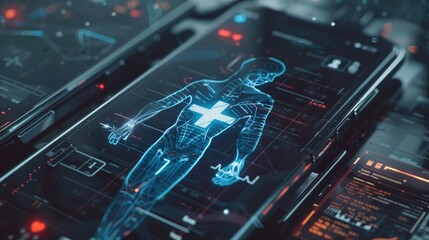 Medical first aid application technology, screen demonstrates body and heart rate on digital screen, Ai generated for ads