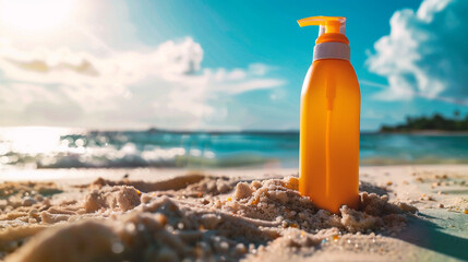 Sunscreen bottle on the beach at sunset time. Sun protection concept