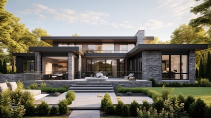 Fototapeta na wymiar Modern gray stone home with a flat roof