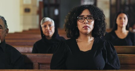 Funeral, service and people praying in church, memorial and ceremony in religion for death and mourning loss. Christian, crowd and sad congregation thinking of memory or respect prayer in chapel