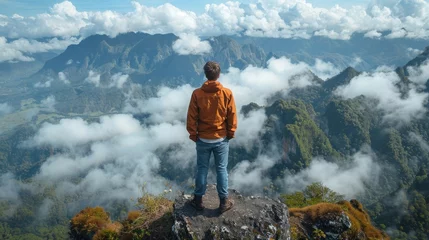Fototapeten 山頂から風景を見下ろす男性の後ろ姿,Generative AI AI画像 © beeboys
