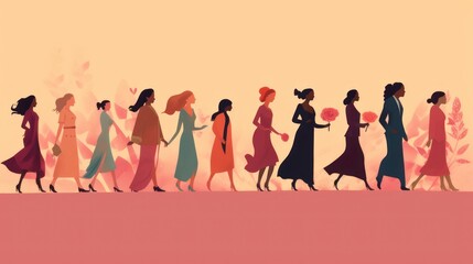 Cartoon illustration of several women walking carrying flowers, with various clothes and pink backgrounds.