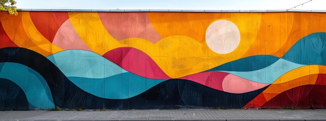 Colorful abstract mural with interlocking shapes and a playful mix of pink, orange, and blue hues.